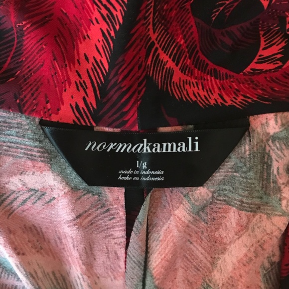 Norma Kamali red & black feather print faux wrap ls jersey dress size L in EUC - Picture 12 of 15